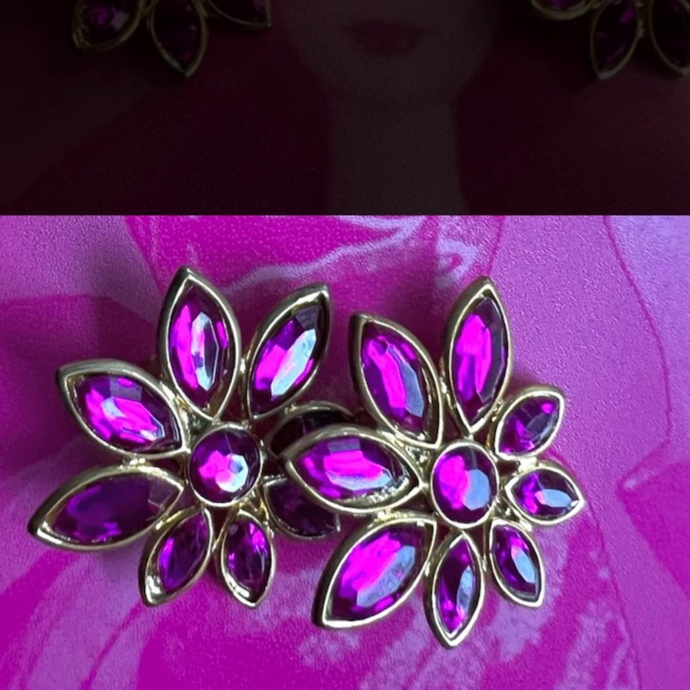 Vintage disco era hot pink stars-like zirconia clipped earrings - Picture 11 of 14